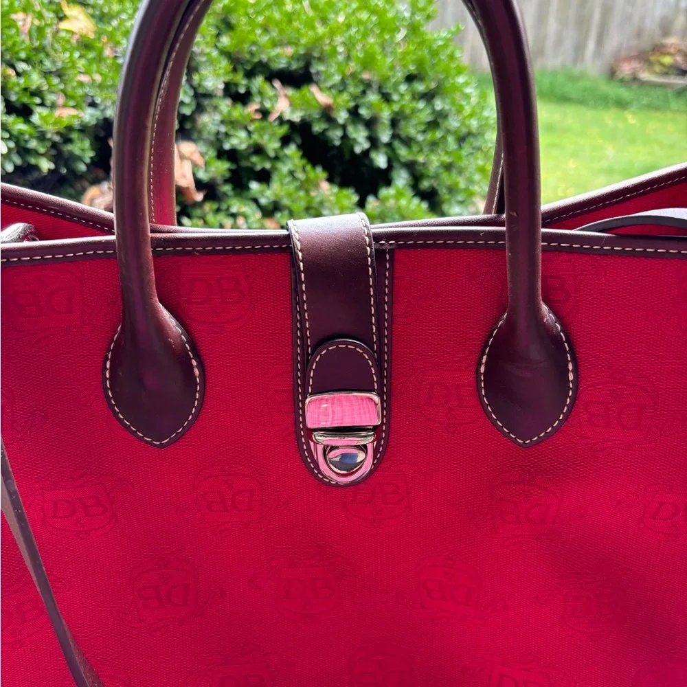 Dooney & Bourke Large Dark Red Monogram Canvas Tote Bag with Brown Leather Trim - Picture 3 of 12